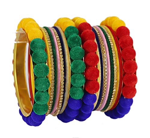Image of NMII Stylish Metal with Golden Zircon Stone & Velvet Balls Bangles Set For Women and Girls | Fancy Designer Bangles | Short Velvet Chuda Set | Women's Fashion Jewellery