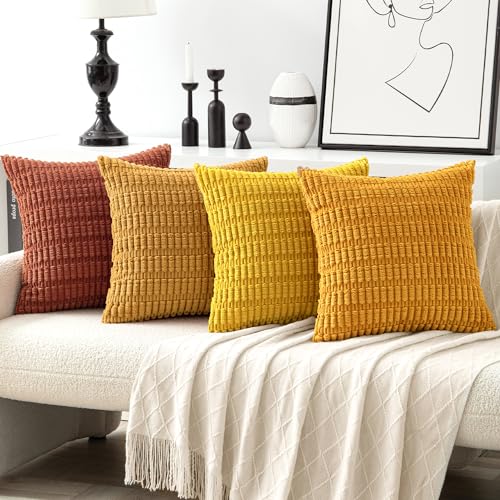 MIULEE 4er Set 40x40 cm Kordsamt Kissenbezüge Moderne Kissenhüllen Dekorative Sofakissen Dekokissen Weicher Zierkissenbezug für Wohnzimmer Sofa Schlafzimmer Boho Dekor Orange Serie