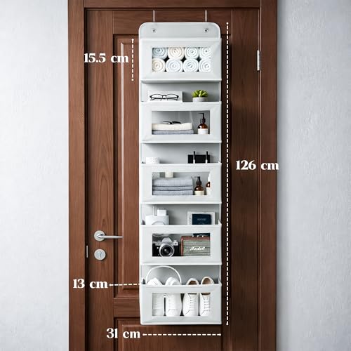 Image of CLAPONE Over the Door Organizer /Large Pockets - Anti-Tilt Hanging Storage for Bedroom /Closet Door Storage /Bathroom /Pantry /Nursery /Bedroom (Grey, 5 Shelf Hanging Door)