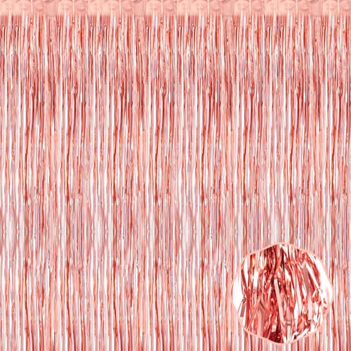 3 Pack Rose Gold Foil Fringe Curtain Backdrop, 3.28Ft x 9.8Ft Metallic Tinsel Foil Fringe Streamer Curtains for Photo Booth, Halloween, Christmas Day, Wedding, New Year Party Decoration