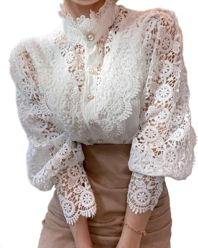 LLECDASEUI Blusa De Manga Larga Con Encaje Para Mujer, Camisas Victorianas Con Botones, Elegantes, Informales, Bohemias, Para Trabajo, Primavera (l,Blanco)