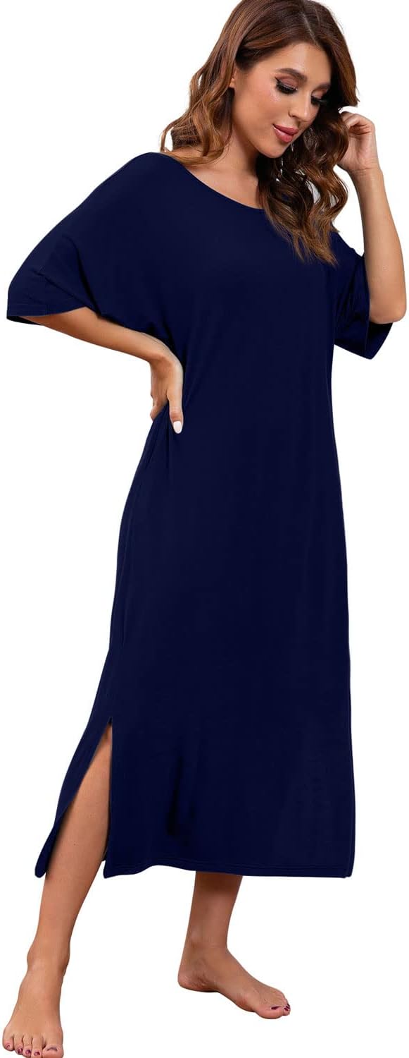 PrinStory Womens Long Nightgown Round Neck Nightshirts Short Sleeve Loose Loungewear Casual Sleep Dress With Pockets - Image 4
