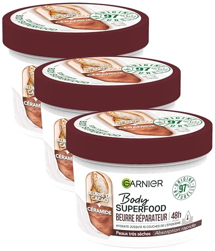 Garnier - Body Superfood - Crème Soin Corps Réparatrice - Hydratation 48H - Formule Vegan & à 97% d'Origine Naturelle - Au Beurre de Cacao & Céramide - Pour Peaux Sèches - 380 ml (Lot de 3)