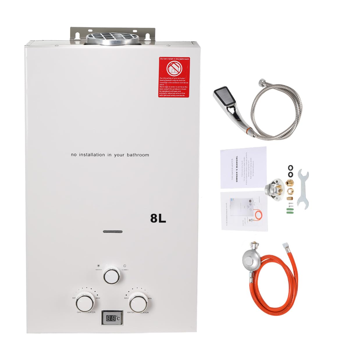 16KW LPG Propangas-Warmwasserbereiter mit Gasdruckregler, Tankloser Sofort-Warmwasserbereiter Kesselbrenner mit Duschkopf-Kit für Kleine Häuser Segelbootkabinen für Wohnmobile Camping, Weiß