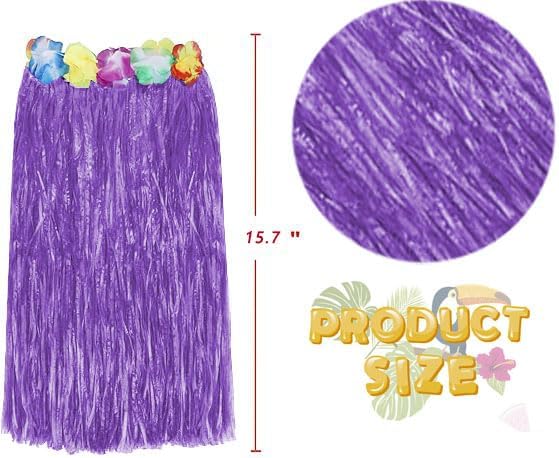 PHOGARY Hula Skirt Costume Accessory Kit Luau Party Dress Up for Girls, Hawaiian Hula Dancing Skirt Set with Flower Bikini Top, Hawaiian Lei, Hibiscus Hair Clip, Pineapple Sunglasses 40 CM Purple - Image 5