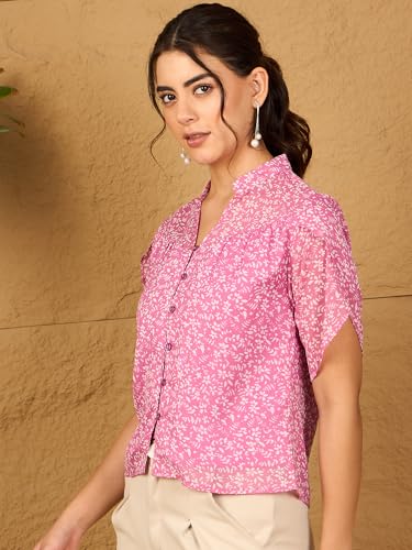Image of Rare Women Casual Pink Colour V-Neck Abstract Shirt Style Top