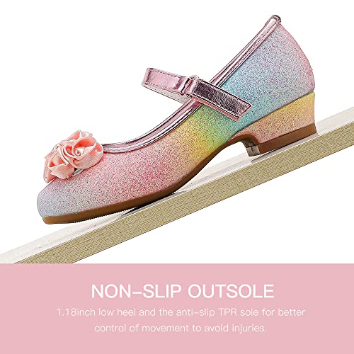 Furdeour Rainbow Gitter Dress Girls High Heels Size 1 Big Little Kid Flower Wedding Shoes 9Yr Sparkly Dress Up Shoes Girls' Flats (3204 Rainbow/Glitter 1) #TOP6