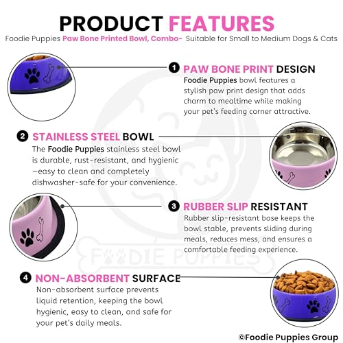 Image of Foodie Puppies Stainless Steel Dog Bowl Combo - (Medium, 700ml) Food and Water Feeding Gift Bowl | Suitable for Dogs, Cats and Other Pets I Paw Bone Print, Anti-Skid Rubber Base (Pink + Purple)
