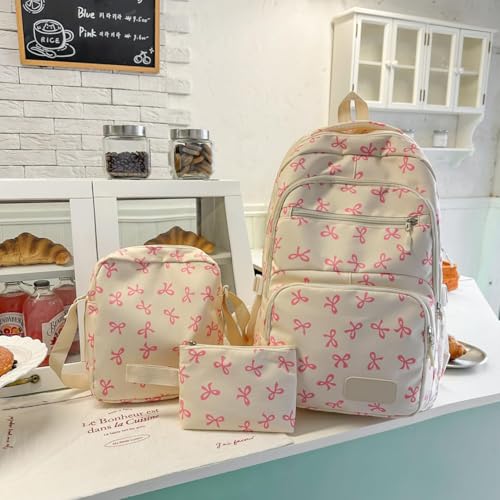 3pcs Set Bow Backpack for Girls, New Daypack Bow Kawaii Preppy Backpack, Cute BackpackS Set Large Capacity (Pink)3