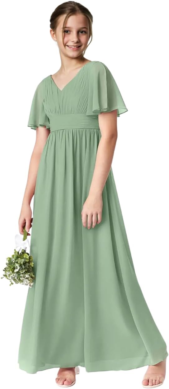 V Neck Junior Bridesmaid Chiffon Dress Flower Girl Dresses for Wedding Birthday Party Ball Gown