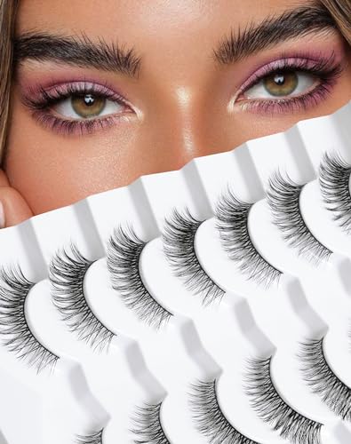 Natural Cat Eye Lashes Wispy Eyelashes 10mm Fluffy Fake Lashes that Look Like Extensions 3D C Curl Simple False Lashes 53-GIRL CODE