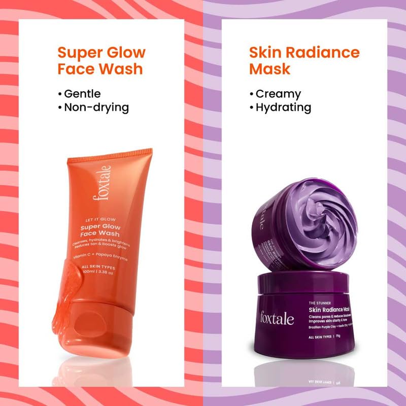Image of Foxtale Complete Glow Combo | Vitamin C Face Wash + 10% Vit C Serum + Radiance Mask + SPF 50 Sunscreen | Removes tan, brightens, hydrates & protects | For radiant, even-toned skin | For Men & Women