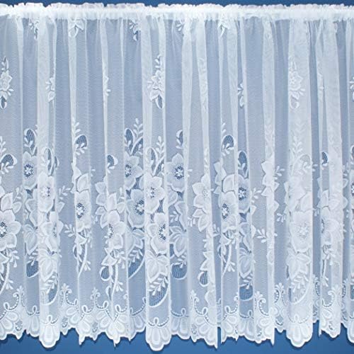 White Floral Contemporary Window Lace Net Curtain With Scalloped Bottom. 45inch (114cm) drop. Sold by the metre by Kelly's Soft Furnishings