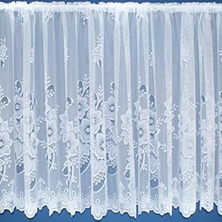 White Floral Contemporary Window Lace Net Curtain With Scalloped Bottom. 45inch (114cm) drop. Sold by the metre by Kelly's Soft Furnishings