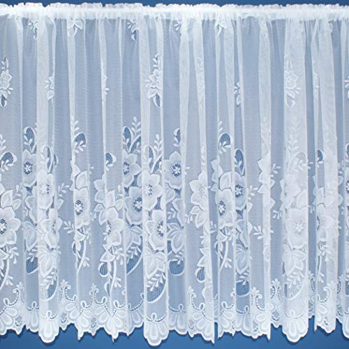 White Floral Contemporary Window Lace Net Curtain With Scalloped Bottom. 81inch (206cm) drop. Sold by the metre by Kelly's Soft Furnishings