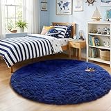Amdrebio Navy Blue Round Rug 4Ft for Boys Room Bedroom, Circle Area Rugs for Kids Room, Living Room Decor Aesthetic, Fluffy Shag Fur Throw Royal Dark Blue Carpet for Preppy Dorm Playroom Baby Nursery