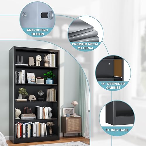 Image of Large Vinyl Record Storage Cabinet, Heavy-Duty Metal Record Player Stand with Adjustable Shelves, 66 inch H Media Shelf Organizer for LP Albums, Turntable & Audio Equipment, Black