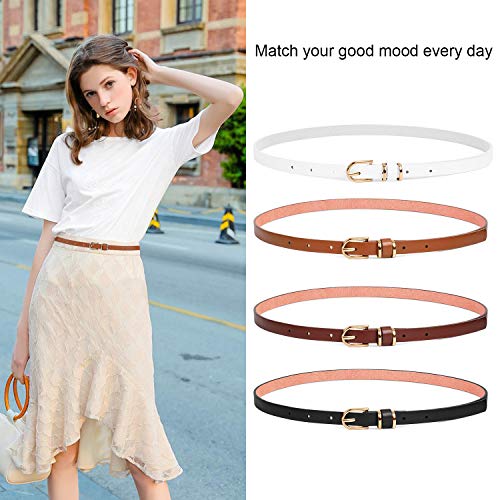 Sansths Set Of 4 Womens Thin Belts Skinny Leather Belt With Gold Alloy Buckle (Black Brown Coffee White, S) ?- #TOP1