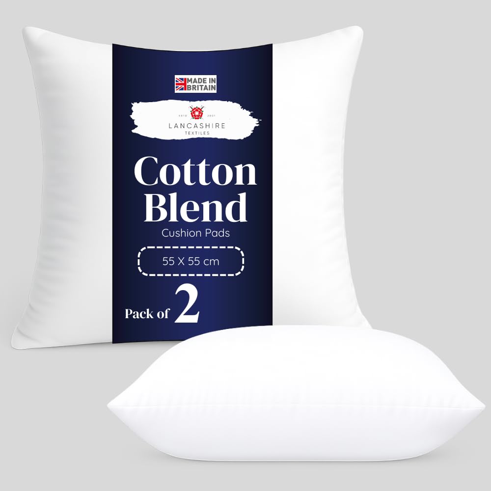 Lancashire Textiles 2 Pack Luxury Cushion Inserts 55 x 55 cm (22" X 22") Cotton Blend Cushion Pads with Super Bounce Polyester Fibre, Made of Finest British Materials