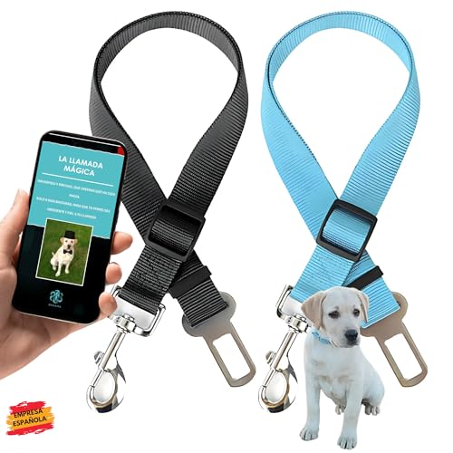 BASAMA Cinturon Perro Coche (2 Piezas) + E-Book Llamada Magica en 9 días - Correa Perro Coche con Anclaje Universal y Tamaño Ajustable (Negro y Azul)