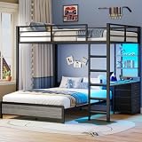 Picture of ADORNEVE Bunk Bed with Desk, Full Over Full Bunk Beds with Charging Station & Led Lights, 4 Storage Drawers & 2 Open Storage Shelves, Metal Loft Bed with Safety Guardrail & Ladder for Kids/Teen, Grey