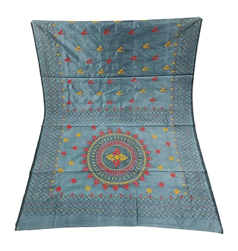 Image of SHRISTI CLOTHINGS Women's Hand Embroidered Cotton Silk Kantha Stitch Saree with Blouse Piece (SB4200924 GREYD47)