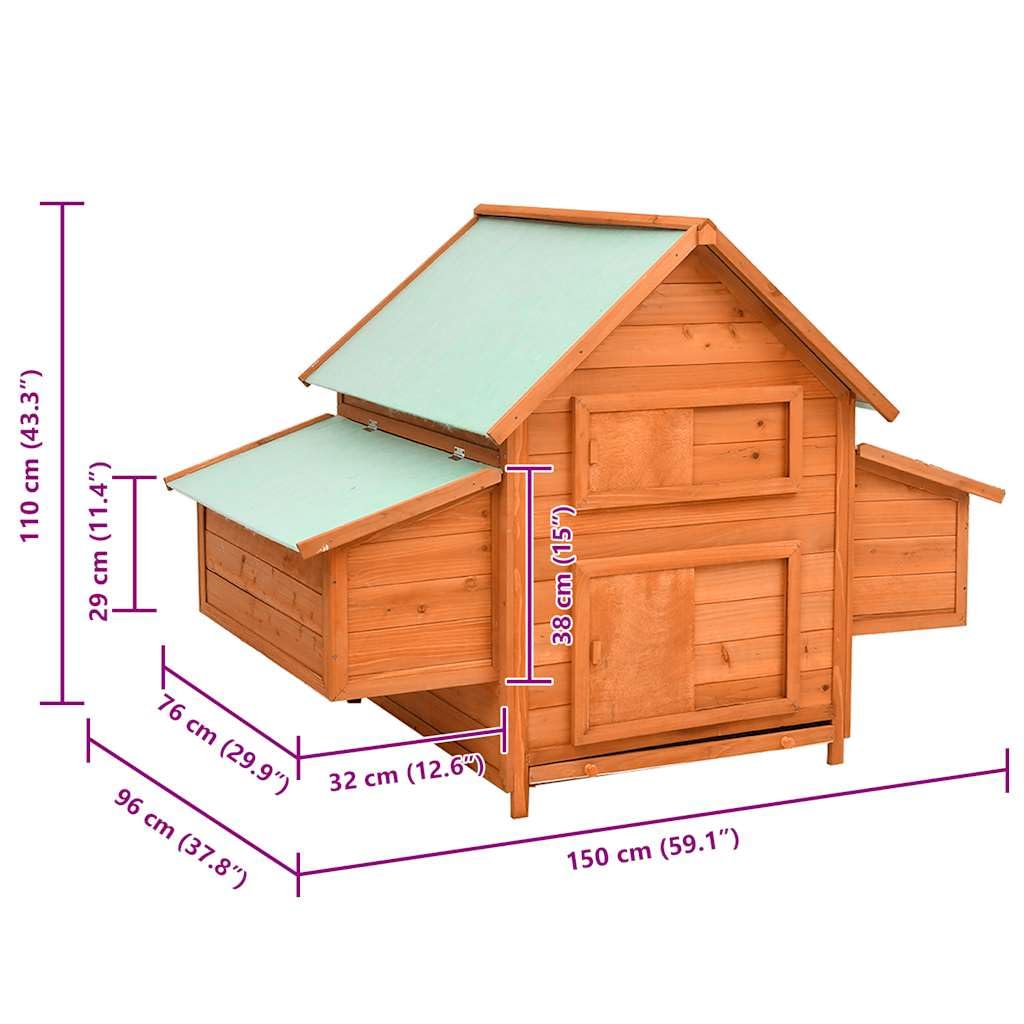 Pollaio in legno di abete massiccio, 150 x 96 x 110 cm, con 2 nidificatori, vasca da pavimento, porta, finestra, tetto impermeabile per giardino ed esterno