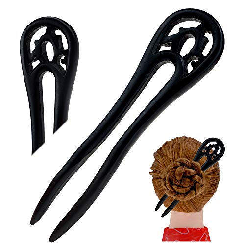 FINGER LOVE Handmade Carved Wood 2-Prong Vintage Style Hair Stick Double01 (Black Ebony)