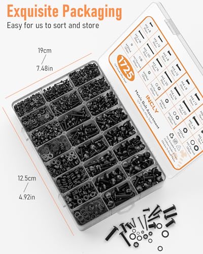 INCLY 1725PCS Metric Screw Assortment Kit, M2 M3 M4 M5 Screws,Metric Bolts and Nuts Assortment with Lock and Flat Washers, Grade 12.9 Alloy Steel Hex Socket Head Screws Nuts and Bolts Assortment Kit