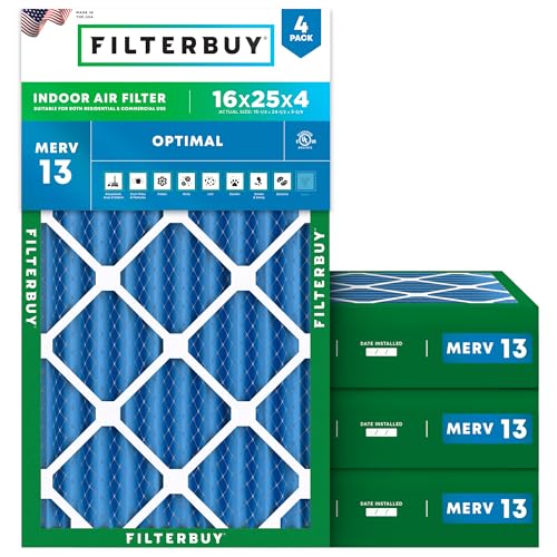 Filterbuy 16x25x4 Air Filter MERV 13 Optimal Smoke & Allergy Defense (4-Pack) Electrostatic Pleated HVAC AC Furnace Filters Replacement Made in USA (Actual Size: 15.50 x 24.50 x 3.63)
