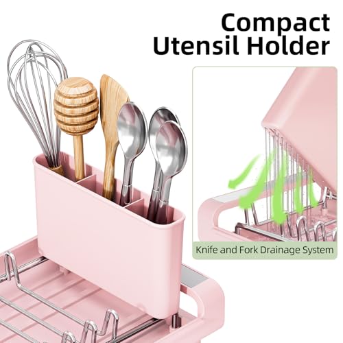 Image of TOOLF Small Dish Drying Rack, Mini Expandable Compact Dish Rack, Slim Extendable Stainless Steel Dish Drainer for Kitchen Plate Storage, Space Saving Dish Strainer in Sink or on Home Countertop, Pink
