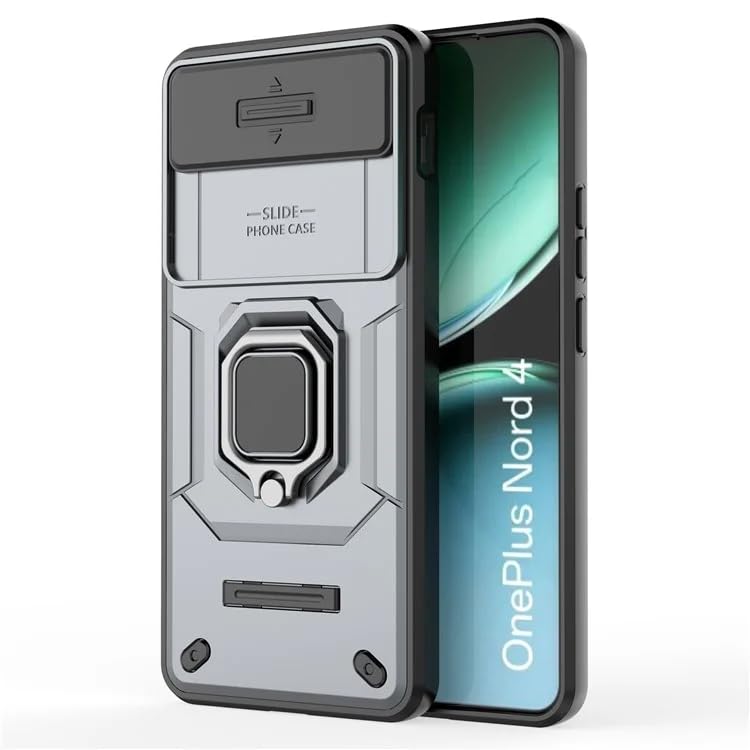 Image of Casodon Heavy Duty Armor Back Case Cover for Oneplus Nord 4 - Magnetic Kickstand Ring with Camera Shutter Protection, Rugged Bumper Hard Back Cover for Oneplus Nord 4 (PC & TPU|Silver)