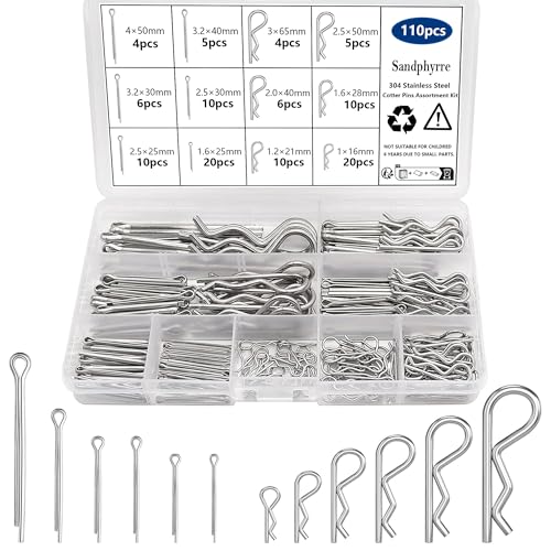 Sandphyrre Cotter Pins Assortment Kit 304 Stainless Steel 12 Sizes R Clips and Split Pins Spring clips for Hitch Pin Lock Systems
