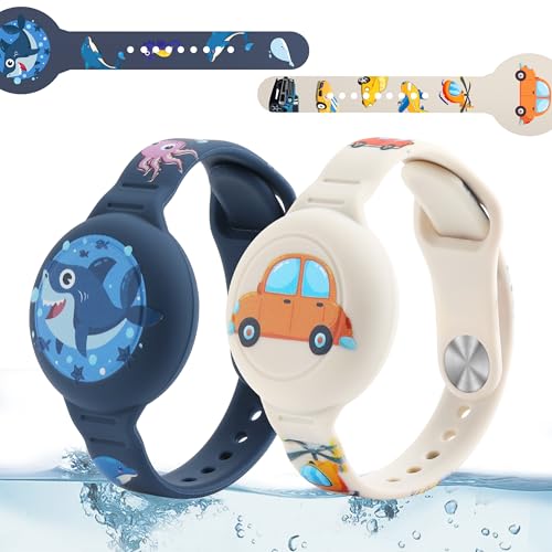 Image of R-fun Waterproof Air Tag Bracelets [2 Pack] Compatible with Apple Air Tag Finders with Cartoon Pattern,Anti Lost GPS Item Finders Case Cover,Gray Car/Blue Shark