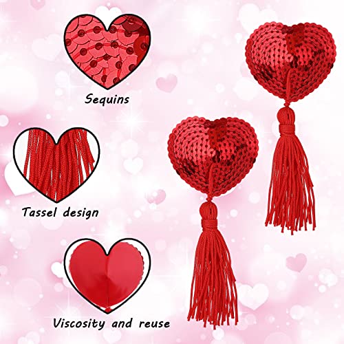 1 Pair Women Reusable Breast Pasties, Heart-Shaped Breast Bra with Sequins Tassel Adhesive Nipple Cover Stickers3