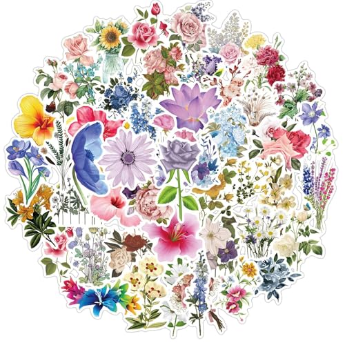 Flowers Vinyl Stickers 50 PCS, Botanical Aesthetic Waterproof Die-Cut Colorful Floral Sticker Pack for Journal Planner Notebook Scrapbook, Water Bottles Laptop Phone Case(Colourful-F11)