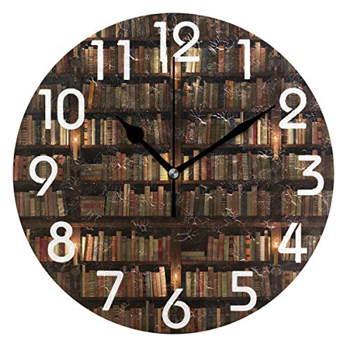 Naanle Cool Multi-Storied Mysterious Bookshelf Library Print Round Wall Clock Decorative, 9.5 Inch Battery Operated Quartz Analog Quiet Desk Clock For Home,Office,School #TOP19