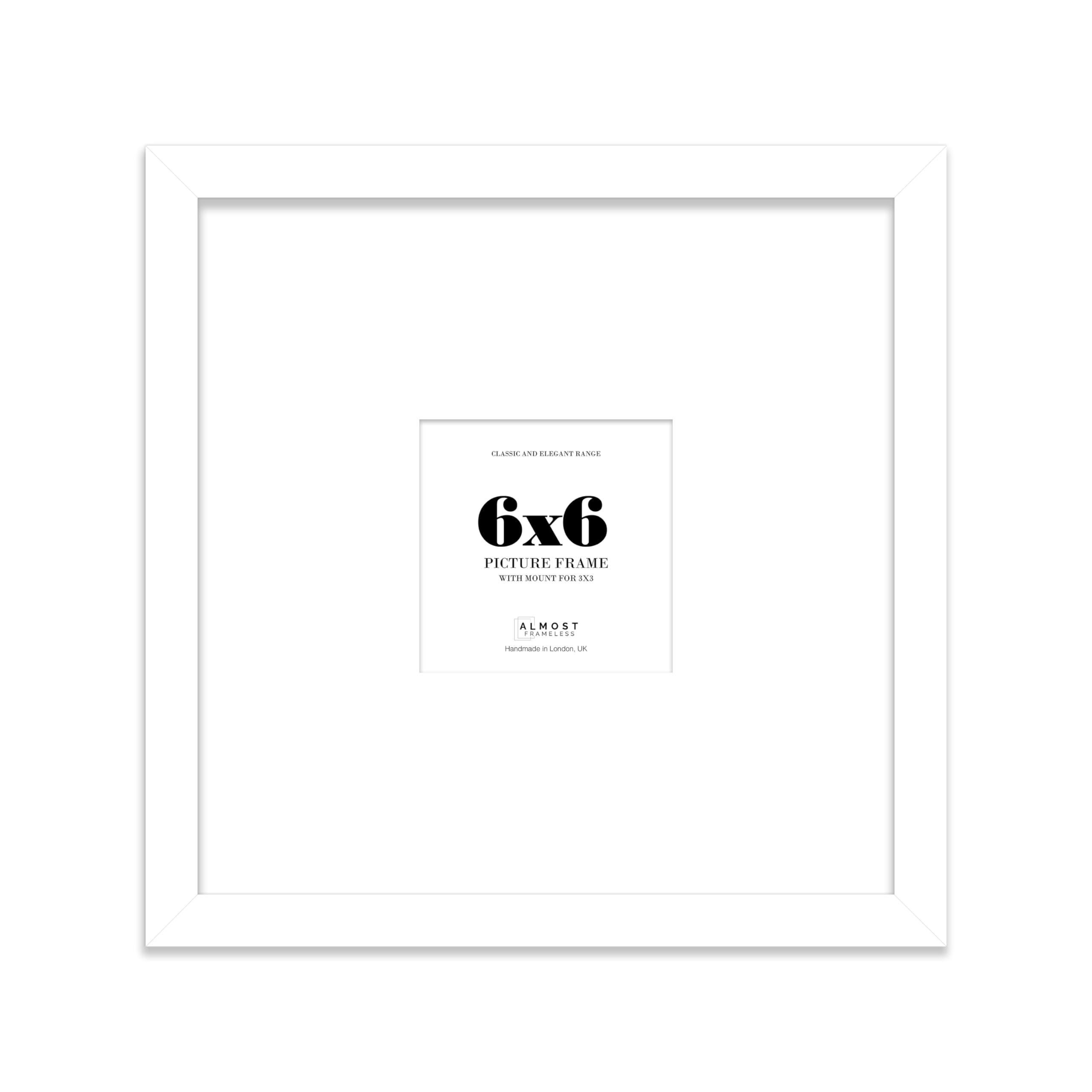 Almost Frameless 6x6 Square Picture Frame, Display Pictures 3x3 With Mat or 6x6 Without Mat, Wall Hanging & Free Standing Photo Frame, White, 1 Pack