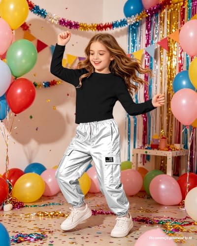 Image of Betusline Girls 2 Piece Summer Outfits,Kids Casual Short Sleeve Crop Top & Cargo Jogger Pants Sets,4T-14Y