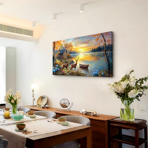 crmotu Animal Landscape Wall Art, Lake Sunset Scenery Large Artwork, Cottage Deer Flower Rustic Canvas Art Prints, Nature Autumn Scenic Paintings Wall Decor Living Room Bedroom Kitchen 20X40 In