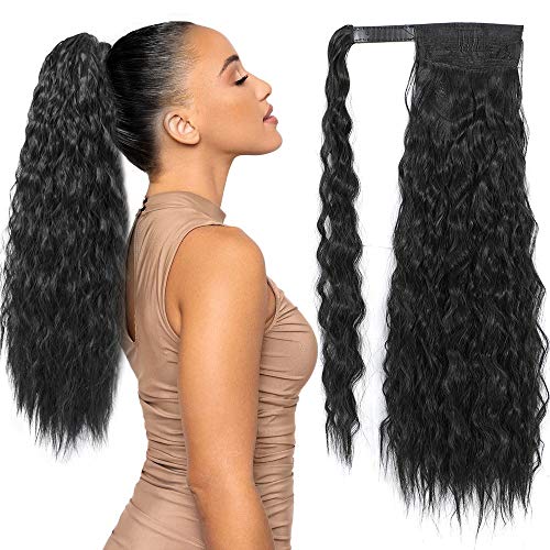 NAYOO Long Corn Wave Ponytail Extension 22 inch Magic Paste Ponytail Heat Resistant Wavy Curly Synthetic Wrap Around Ponytail Hairpiece for Women Girls Lady (Chocolate Brown, 4#)