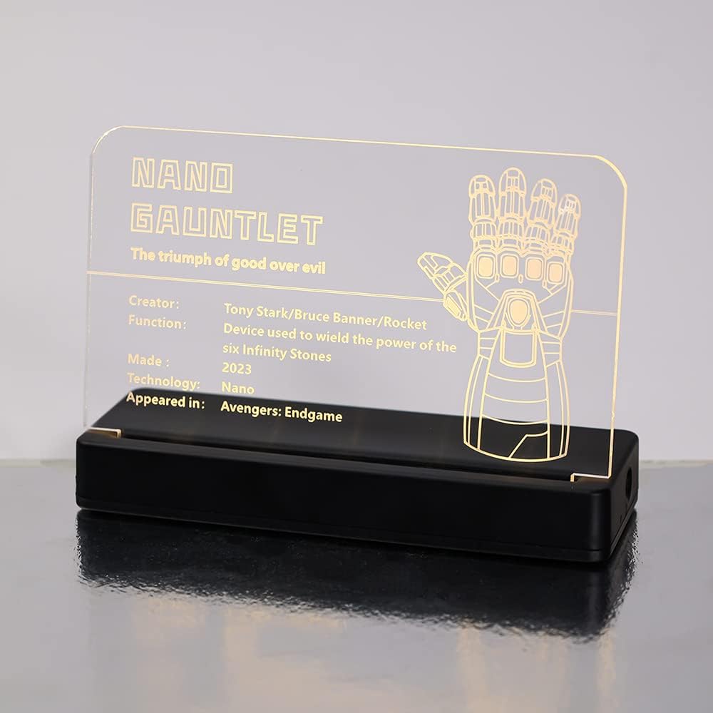 Kyglaring Glowing Clear Acrylic Name Plate with Power Base Designed for Lego Nano Iron Man Gauntlet 76223 Building Set Sign Display (Glowing nameplate)