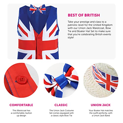 Adults Union Jack Costume, Small, Union Jack Waistcoat + Union Jack Bowtie and Straw Boater Hat with Union Jack Band - Image 2