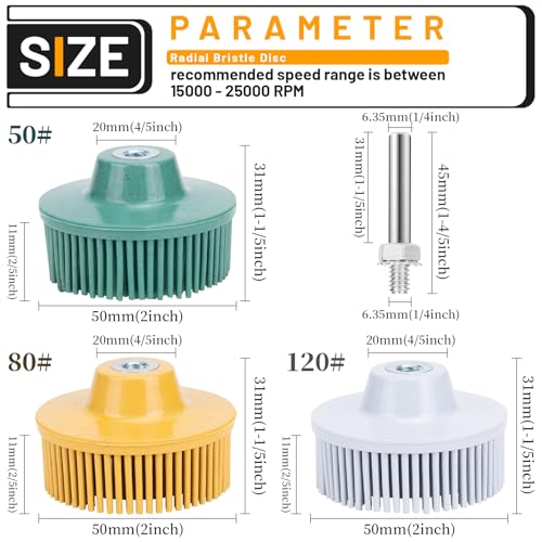 Image of 2 Inch Bristle Disc, 3 Pieces Bristle Disc Grade - 120# 80# 50# Grit Abrasive Coating Removal Disc for Metal with 1 /4 Inch Shank Attachment