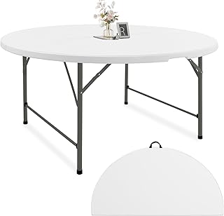 Fivenl 5 FT Round Folding Tables White Foldable Table, Fold-in-Half with Carrying Handle Portable Plastic Table for Party, Dining, Wedding, Camping, Picnic, Indoor Outdoor Events