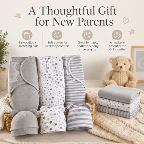 Image of Baby Swaddle Sleep Sack with Hat Set for Boys Girls Grey /Star /Strip | 3-pack Cotton Nursery Swaddling Blankets for Infant 0-3 Months, Newborn Registry Essentials
