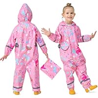 Domueay Kids Puddle Suit Baby Girls Waterproof All in One Raincoat Hooded Breathable Lightweight Rain Suit Cartoon Muddy Suit with Zip for Children Toddler 1-3 Years, Pink