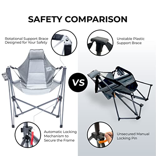 Portable Swing Hammock Chair | Foldable Recliner Rocking Lounger with Headrest &amp; Drink Holder | Outdoor Sports, Beach, Lawn, Hunting, Tailgating, Fishing | Supports 300Lbs (Grey)