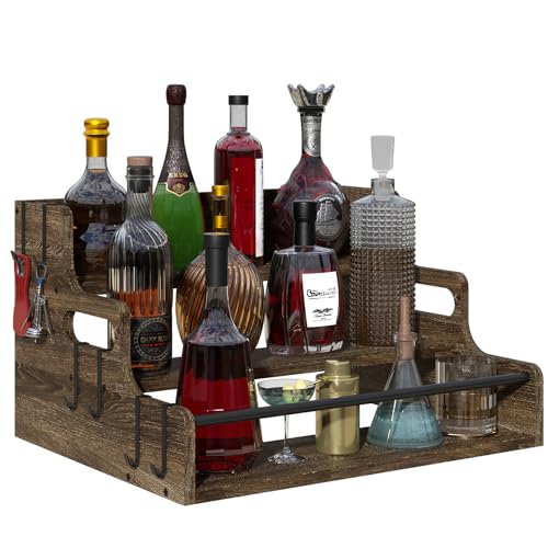 Lavendex 3-Tier Liquor Bottle Display Shelf, Bar Stand for Whiskey, Spirits, Coffee Syrup Rack Organizer, Countertop Wine Rack for Home, Mini Coffee Bar, Small Liquor Cabinet and Kitchen Dark Brown