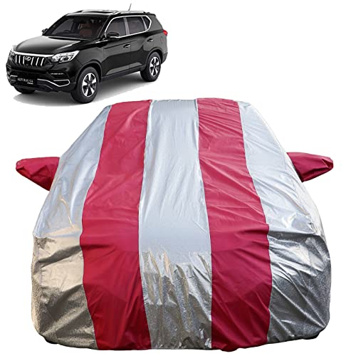 Image of Autofact Waterproof Car Body Cover Compatible with Mahindra Xuv 700 (2022) with Mirror Pockets (Pink Stripes with Shinning Silver Fabric /Waterproof Cover)